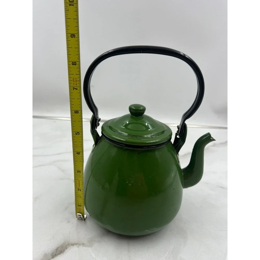 Vintage Green Enamel Teapot Made in Poland Rustic Farmhouse Decor Kettle